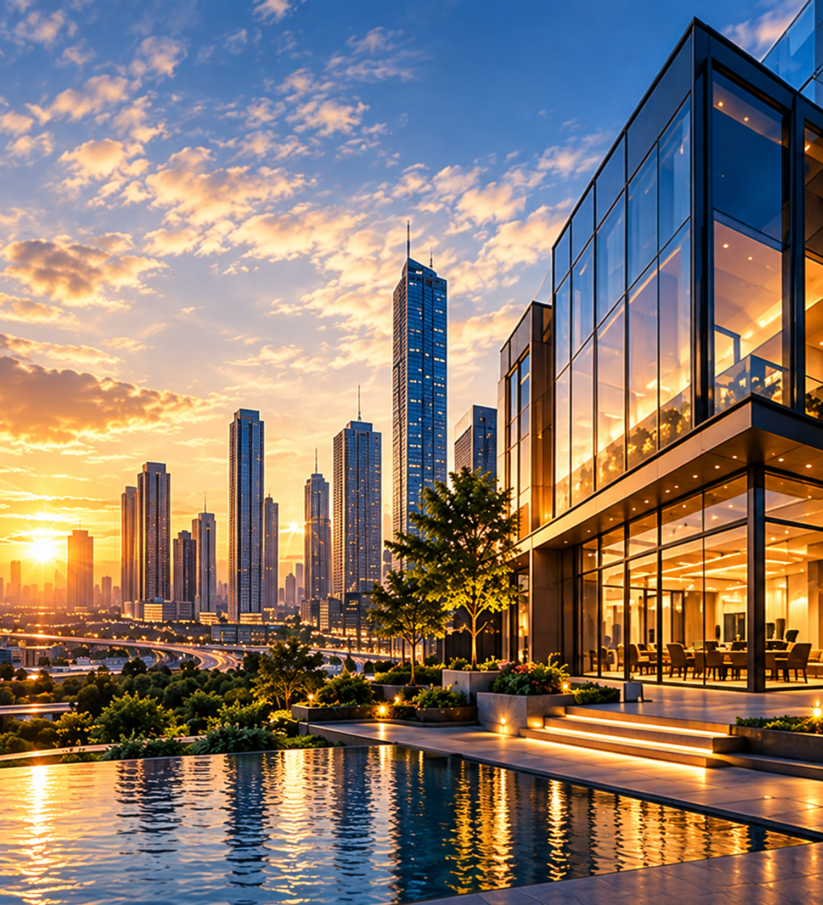 Glass office building lit at sunset